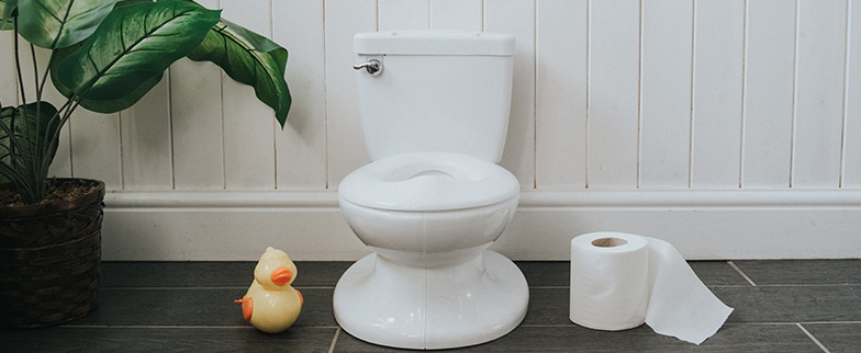 Childs potty seat with toilet paper and rubber ducky on ground.